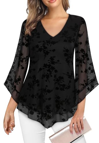 Gemulate Women's Blouses & Shirts Black Tops for Women UK Overlap Ruffle Sleeve V Neck Elastic Mesh Blouse Loose Flowy Tunic Tops - Black Jacquard Weave, L