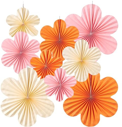 9 Stück Papierblumen party deko,Papierfächer deko orange,Papier fächer dekoration hanging für party hochzeit geburtstag festival weihnachten event karneval