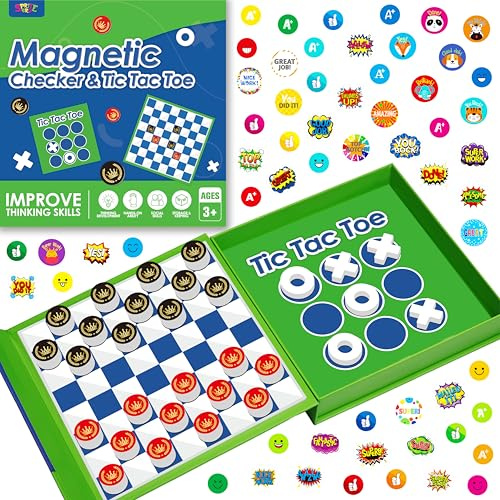 Set Dama 2 in 1, Tavoliere Magnetico - Dama e Tris, Gioco da Viaggio con Dama in Schiuma Spessa con 59 Adesivi Premio per Bambini Piccoli dai 3 Anni in Su