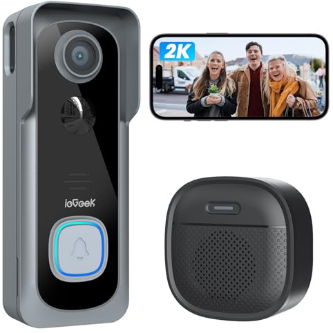 ieGeek Doorbell Camera Wireless No Monthly Fee, 2K HD Video Doorbell with Indoor Chime, Smart Human Detection Instant Alert, Local/Cloud Storage, Clear Night Vision, Only 2.4GHz WIFI, Works with Alexa
