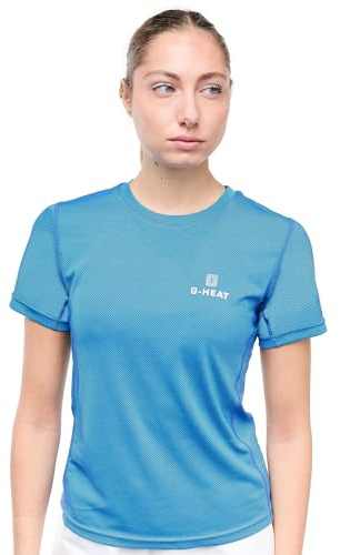 G-HEAT - T-Shirt à Manches Courtes, Femmes, Anti-UV | Protection Solaire UPF50+ | Ultra-Léger, Respirant, Rafraîchissant (FR/ES, Alpha/Lettres, XS, Taille Normale, Taille Normale, Bleu Ciel)