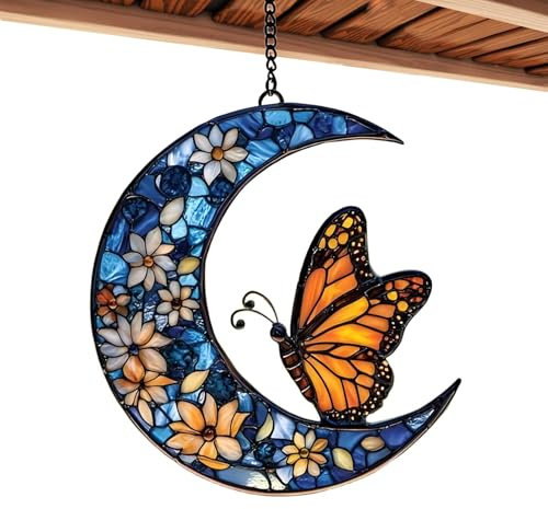 Pare-soleil papillon de fenêtre, attrape-soleil monarque papillon et fleurs lune jardin attrape-soleil - ornement artistique acrylique pour décoration intérieure et extérieure