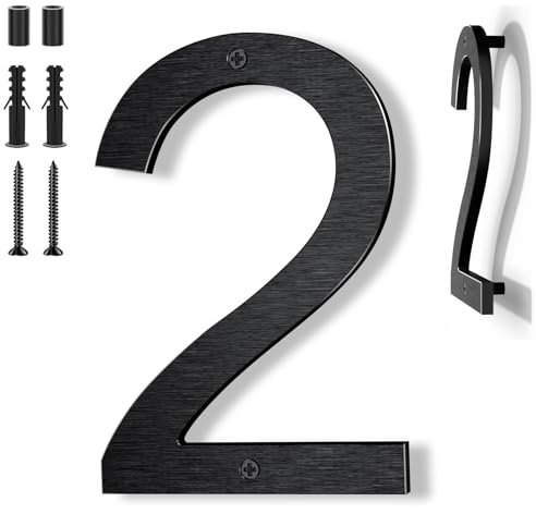 Yafimea numero civico esterno nero 20 cm – In alluminio massiccio con superficie spazzolata, fissaggio a vite con effetto 3D flottante, impermeabile – Per facciata, muro, garage, cancello (2)