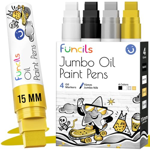 4 Jumbo Oil Based Paint Markers - 15mm, Metallic Silver, Gold, White, Black | Oil Paint Pens for Metal, Automotive Tire, Glass, Plastic, Fabric, Wood, Touch up - Waterproof Permanent Colour (4 Pack)