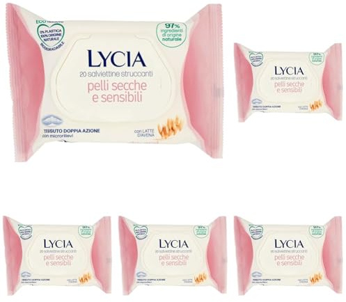 Lycia - Salviette Struccanti per Pelli Secche e Sensibili, Salviette Struccanti per Viso e Occhi, con Latte D'Avena, in tessuto 100% naturale, 20 pezzi (Confezione da 5)