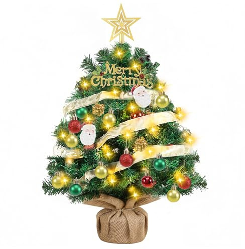 Árbol de Navidad de 60 cm, mini artificial con iluminación LED, mesa pequeña con bolas de Navidad, piñas, estrella, decoración navideña para decoración de mesa, escaparate u oficina