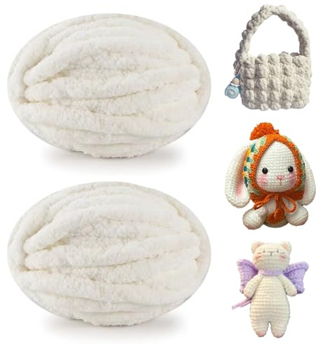Lana Gruesa para Tejer a Mano, 2 Piezas 500g Hilo de Chenilla para Crochet Grueso, Ovillo Lanas Gruesa para Tejer Mantas, Almohadas, Bufandas y Gorros (Blanco)