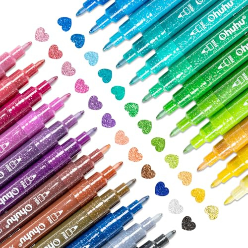 Ohuhu Glitterpennor, 24 färger, 0,7 mm fin spets, vattenbaserade, glitterfiltpennor för flickor, glitterhantverk, kort, album, scrapbooking, stenar, keramik, glas, koppar, trä, ritning, färgläggning