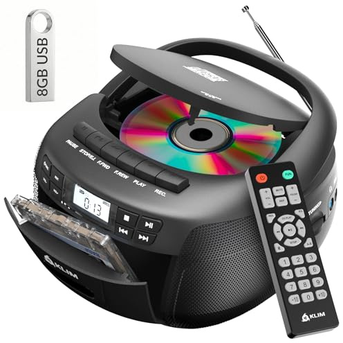 KLIM CD Player con USB – Reproductor Cassette, Am/FM Radio CD y Bluetooth, Control Remoto, Radio Cassette con CD-R y Grabación en Cinta, AUX, Reproductor CD-R con Sonido Estéreo