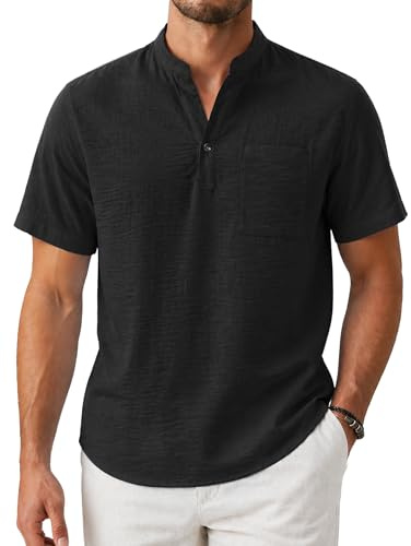 Enlision Camicia di Lino Uomo Maniche Corte Nera, Camicie Estiva Collo Coreana Leggera con Taschino, Maglietta Casual per Spiaggia Vacanze, vestibilità Ampia Taglie L