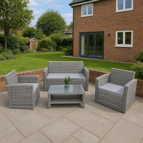 4 Seater Rattan Garden Furniture Set – 2 Chairs, Loveseat Sofa, Coffee Table For Indoor Outdoor Patio Set with Cushions, Tempered Glass Table Lounge Seating