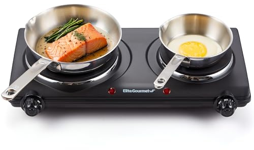 Elite Gourmet EDB-302BF# Countertop Double Cast Iron Burner, 1500 Watts Electric Hot Plate, Temperature Controls, Power Indicator Lights, Easy to Clean, Black