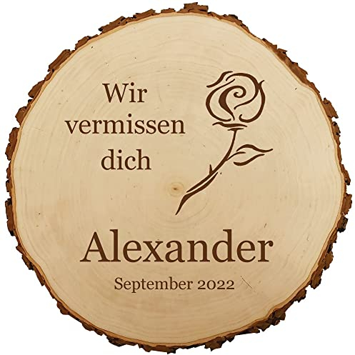 Baumscheibe 23cm mit Gravur (Namen, Datum) personalisierte Holz-Gedenktafel, Grabschmuck, Trauer Gedenkschild, Andenken an Verstorbene, Grab-Dekoration, Rose MotivTR7