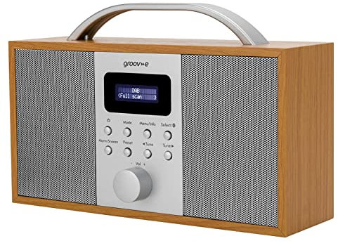 Groov-e Boston Wooden DAB & FM Digital Radio - Built-In Alarm Clock, Dynamic Range Control & Bluetooth Connectivity - LCD Display - Mains or Battery Operated - Portable Radio - 40 Preset Stations