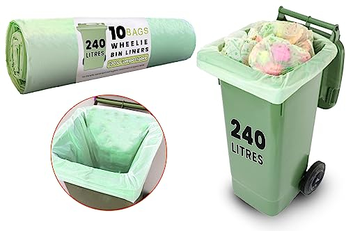 HooriPoori 240 L 10 100% Compostable Biodegradable Wheelie Bin Liners Strong and Leak proof Wheelie Bin Bags Food Waste Bags 100% Corn Starch Plastic Free Fully Compliant with EN 14323 & AS 4736