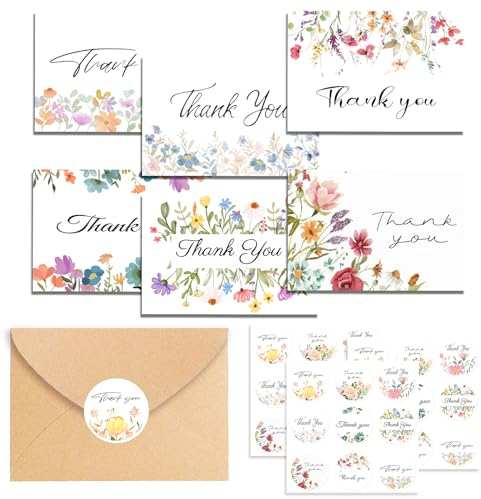CC HOME Dankeskarten mit Umschlägen, 24-teiliges Set Osterkarten Frühlingsblumen-Grußkarten, faltbare Grußkarten mit Umschlägen und Aufklebern, Dankeskarten für Kinder, Familie, Freunde