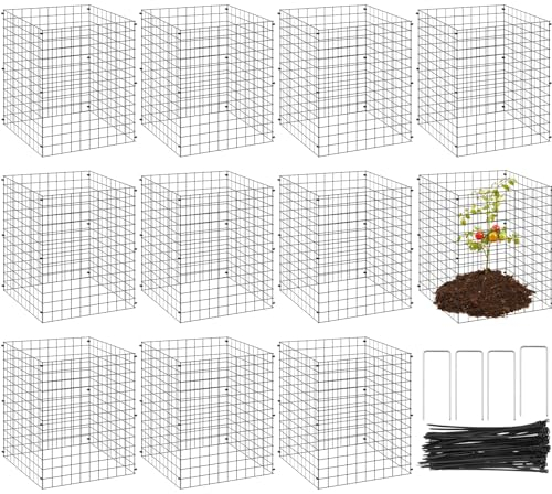 Yaocom Quadratischer Draht-Pflanzenschutz von Tieren, 30,5 x 40,6 cm, Garten-Huhn-Drahtglocke, Pflanzkäfig für Pflanzen, Sträucher und Gemüse, Erdbeere, Tomaten mit Bindeband, Gartenpfähle (40 Stück)
