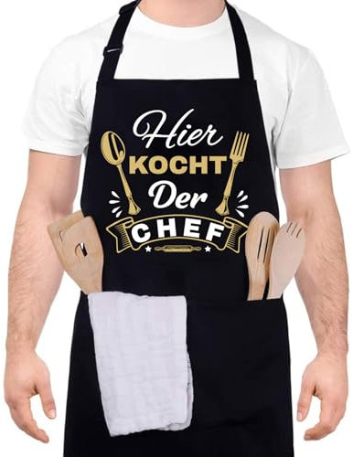 Livdouyu Lustige Kochschürze für Männer, Grillschürze für Männer HIER KOCHT DER CHEF Professionelle Grillschürze Chefkoch Ehemann Küchenschürze mit Doppeltasche Verstellbar Geburtstagsgeschenk
