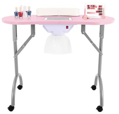 MINRS Table de manucure pliable avec ventouse - Table de manucure portable avec 3 sacs d'aspirateur - Coussinet de poignet et sac de transport étanche - Capacité de charge : 30 kg - Rose