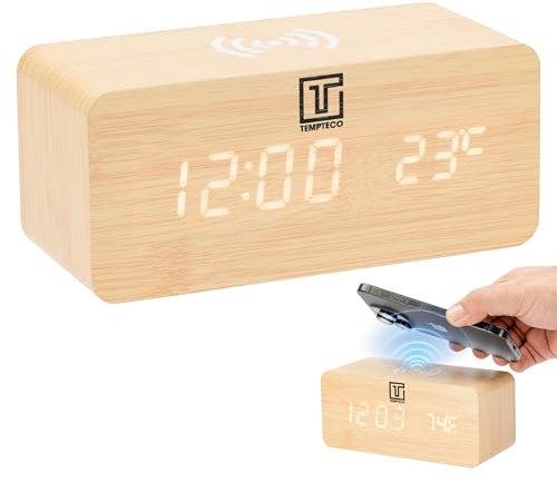 TEMPTECO - Sveglia Digitale da Comodino Elettrica - in Legno Pregiato - Orologio da Comodino Smart con Ricarica Wireless e 3 Livelli di Regolazione Luminosità - Con Pile AA incluse