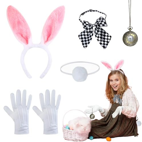 Hyran Juego de Disfraz de Conejo 5 Piezas para Niñas y Adultos - Orejas, Pajarita, Cola y Guantes para Pascua, Carnaval, Halloween y Fiestas
