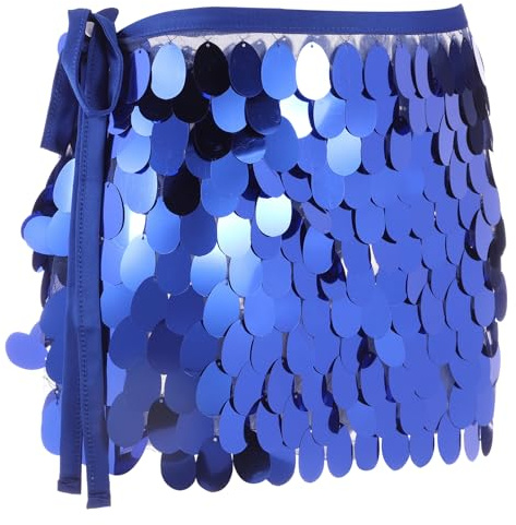 sourcing map Sequin Short Skirt Women's Rave Party Dance Skirt Sparkly Belly Dance Hip Skirts Wrap for Dance Party Night Club Costume(Dark Blue)