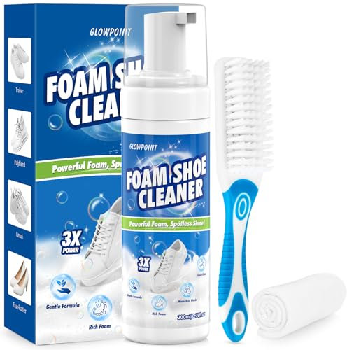 GLOWPOINT Shoe Cleaner Kit – 200ml White Trainer Cleaner Foam, Sneaker Cleaner & Trainer Cleaner for PU Leather, Mesh, Rubber – Complete Shoe Cleaning Kit with Brush & Cloth
