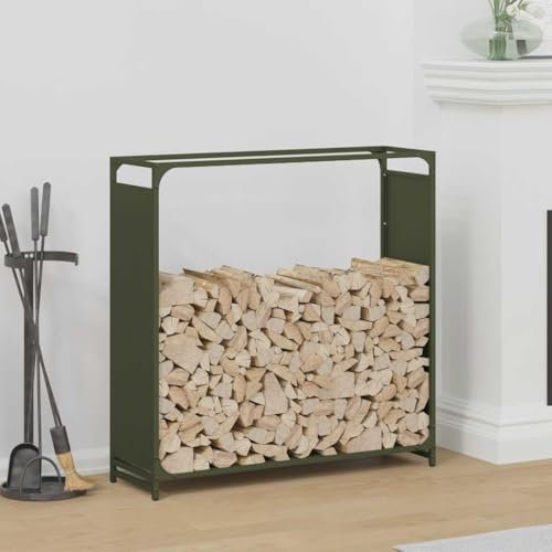 Gecheer Firewood Log Rack Metal Log Store Holder for Outdoor Indoor Metal Fireplace Wood Storage Shelf Olive Green 90x28x90 cm Cold-rolled steel