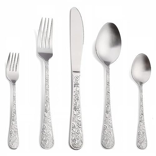 Juego de cubiertos de acero inoxidable de 80 piezas para 16 personas Juego de cubiertos moderno con cuchillos, tenedores, cucharas, cucharillas largas y tenedores para ensalada Utensilios para trincha