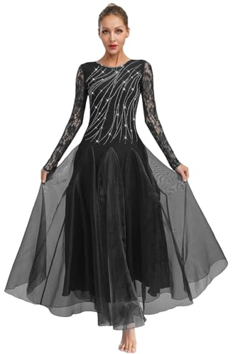 LiiYii Robe De Danse De Salon pour Femmes Tenue De Danse Manches Longues Valse Et Tango Moderne pour Compétition Spectacle Noir XL