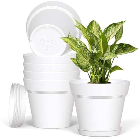 Plastic Plant Pots Indoor Outdoor, 6 Pack 6Inch/15CM Plant Pots Flower Pot with Drainage Holes and Tray,Modern Decorative Planter Pot for All House Plants(White)