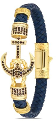 LuXey Charms Leather Bracelets Personalized gifts for Men and boyfriend Personalized Gifts (Anchor- Blue & Gold, XL 21cm)