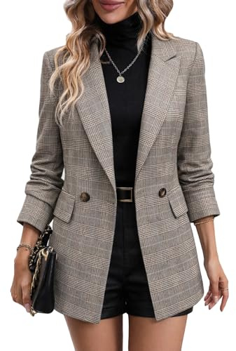 Mina Self Plaid Blazer Jacket for Women Houndstooth 2026 Fall Winter Business Caual Tan Brown Work Office Womens Trendy Boyfriend Professional Fashion Dressy Ladies Women's Blazers & Suit Jackets