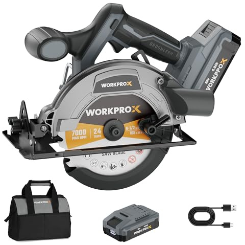 WORKPROX 20V Cordless Circular Saw, 6-1/2'' Brushless Circular Saw, 5500 RPM & Storage Bag, Max Cutting Depth 2-5/16(90°),1-9/16 (45°) for Precise Wood & PVC Cutting