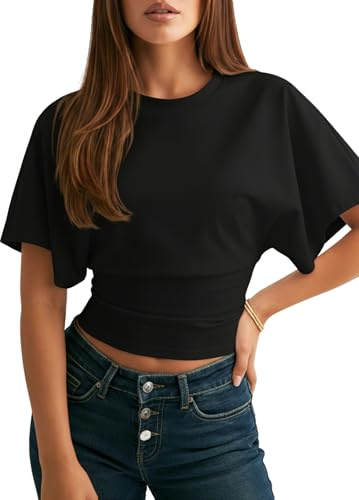 Navneet Women Crewneck Short Sleeve T Shirts Cinched Waist Crop Tops Basic Going Out Tops Slim Fit Black S