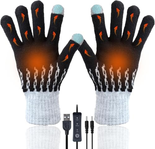 USB Heated Gloves for Men Women, Winter Hands Warm Glove Full Hands Touchscreen Laptop Gloves Knitting Heating Mittens, Adjustable and Washable Thermal Glove for Indoor Outdoor Room (Black)