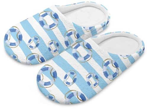 GETELINSENG Lifebuoy Stripe Slippers Mens Slip on Slipper Full Toe Plush House Shoes Non Slip Sole Bedroom Slipper for Women Girls Comfy Memory Foam Fuzzy Footwear