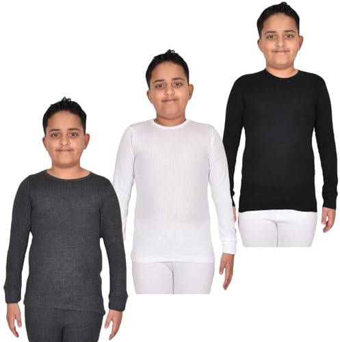 Gaffer Boys Thermal Shirt - Kids Long Sleeve Vest, Winter Warm Base Layer Top, Soft Fleece Lined, Lightweight and Comfortable, Ideal for Casual Wear and Use for Outdoor Black-Charcoal-White - Top 13