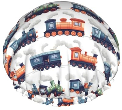 Large Shower Caps for Women Reusable - Fashion Comfy Vintage Steam Train 1 Print Double Layer Hair for Shower with Elastic Rope and Peva Lining