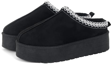 LUNATECH Womens Slippers Warm Winter Slippers Mules Platform Fluffy Slippers Fur Slipper Outdoor Thermal House Shoes For Ladies (Black, Adult, Women, 7, Numeric, UK Footwear Size System, Medium)