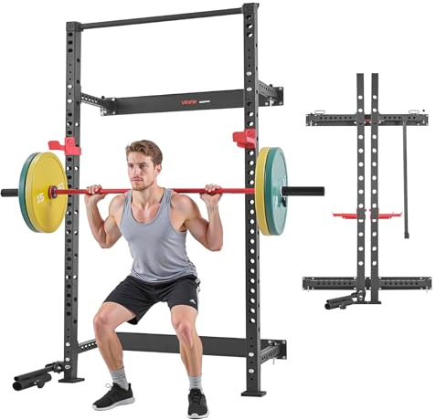 VEVOR Cage de Musculation Pliable, Rack à Squats Fixation Murale, Équipement de Musculation Multifonctionnel pour Gym Domicile, avec Pivot pour Barre, Crochets en J Réglables et Barre de Traction