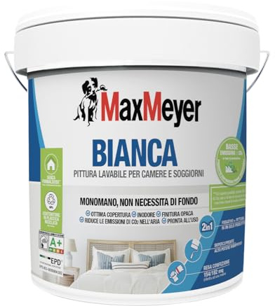 MAXMEYER Bianca Monomano BMB, Pittura per Interni Lavabile, 2 in 1 Fissativo e Pittura, Ottima Copertura, Finitura Opaca, Bianco, 14 Litri