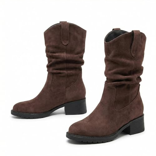 Botas holgadas de pantorrilla ancha para mujer, botas de media pantorrilla con tacón de plataforma, botines holgados de tacón bajo grueso para mujer, Brown, 39 EU
