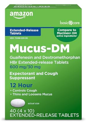 Amazon Basic Care Mucus Relief DM, 12 Hour Chest Congestion & Cough Relief, Guaifenesin & Dextromethorphan Extended-Release Tablets, 600 mg/30 mg, 40 Count (Pack of 1) (Packaging may vary)