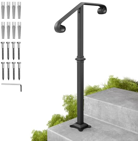 Handrails for Outdoor Steps, 1-2 Step Single Post Handrail, 38 H Rustproof Wrought Iron Stair Railing with Assembly Tool Kit for Concrete Steps, Wood Steps, Black