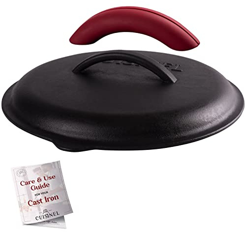 Cuisinel Cast Iron Lid - Fits 12-Inch / 30.48-cm Lodge Skillet Frying Pans or Braiser + Silicone Handle Holder + Care Guide - Pre-Seasoned Replacement Cover - Indoor/Outdoor, Oven, Fire, BBQ Safe