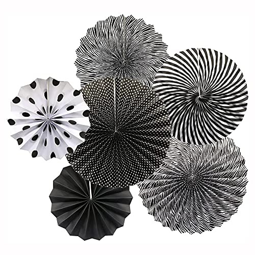 ANCLLO Set di 12 ventagli di carta da appendere, motivo rotondo, decorazione per compleanni, matrimoni, lauree, eventi, accessori neri