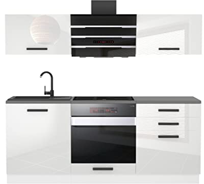 Belini Küchenzeile Küchenblock Sophia - Küchenmöbel 180 cm Einbauküche ohne Elektrogeräten mit Hängeschränke und Unterschränke, mit Arbeitsplatten, Weiß Hochglanz