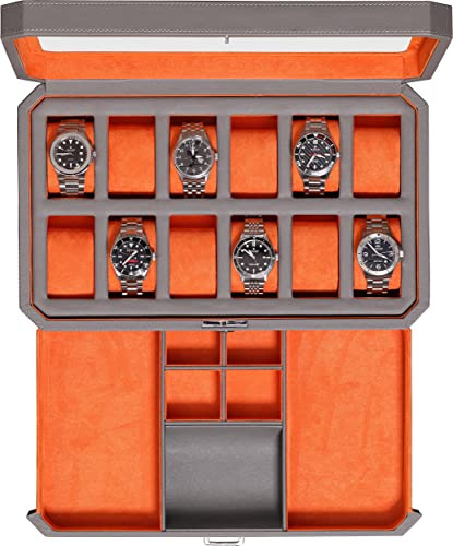 ROTHWELL Scatola per orologi in pelle con 12 slot con cassetto per il cambio – 12 slot di lusso per orologio, fodera in microcamoscio, porta accessori da uomo custodia per gioielli (grigio/arancione)