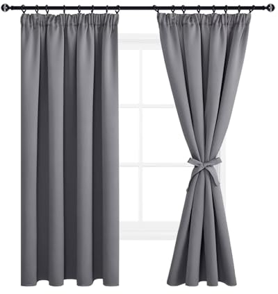 DWCN Pencil Pleat Blackout Curtains 69 Inch Drop Blackout Curtains for Bedroom Thermal Insulated Room Darkening Window Curtain for Living Room 55 x 69 inch Length, Grey, 2 Panels